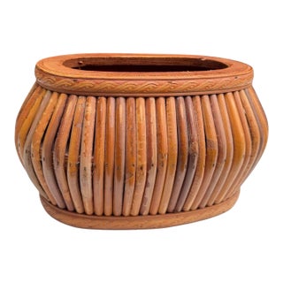 Vintage Rattan Cachepot With Decorative Wood Trim For Sale