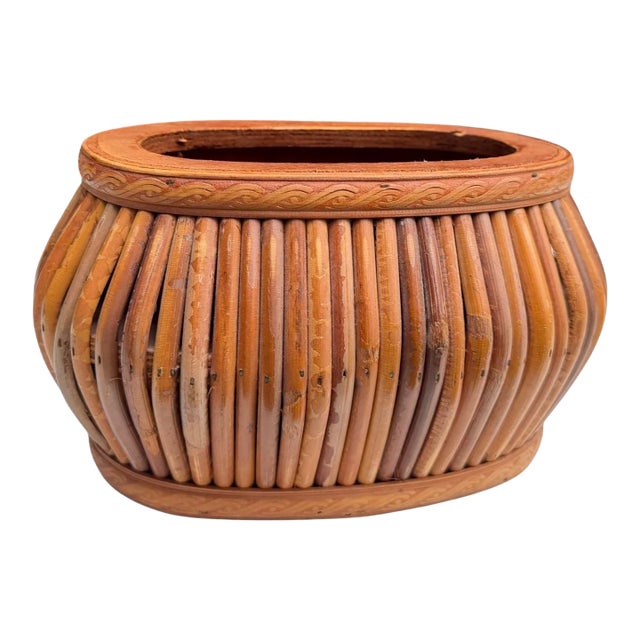 Vintage Rattan Cachepot With Decorative Wood Trim For Sale