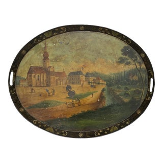 Georgian Era Tole Tray, Hand-Painted Townscape, Circa 1820 For Sale