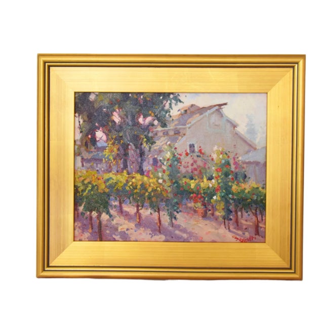 Farmhouse Silvio Silvestri, Listed Artist Farm Barn & Grapevines Landscape Oil Painting Including the Antiqued Gold Wood Frame For Sale - Image 3 of 12