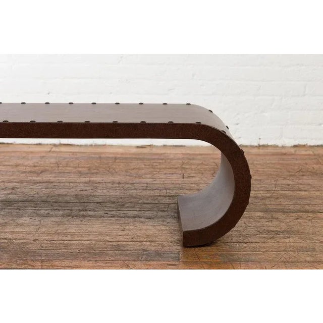 Mid 20th Century Chinese Waterfall Scroll Table with Crackled Brown Faux Leather For Sale - Image 10 of 13