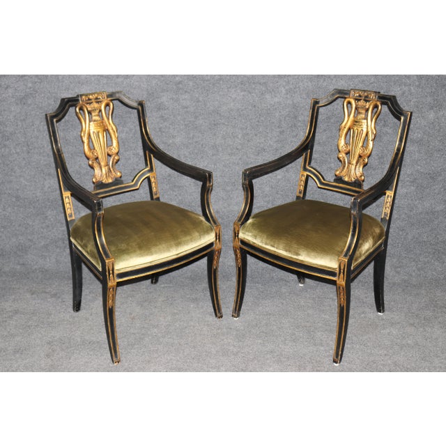 Neoclassical 19th C. Set of 8 Italian Neoclassical Ebonized Gilt Dining Room Chairs For Sale - Image 3 of 11