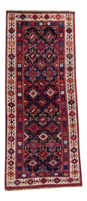 1870 Antique Allover Diamond Floral Navy Red Wool Low Pile Hand Knotted Wool Full Pile Runner - 4’1” X 10’1”