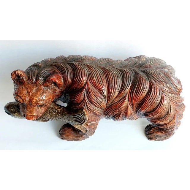 Large Black Forest Bear with Fish, 1970s, Solid Wood For Sale - Image 3 of 5
