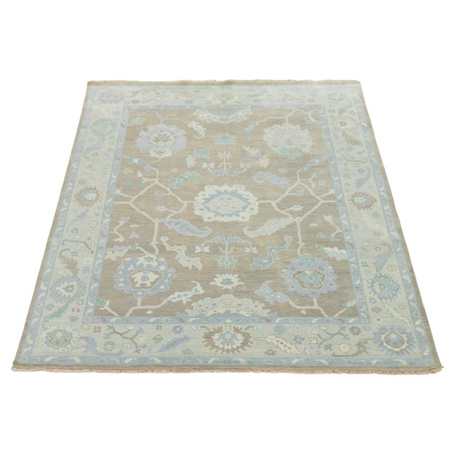 Modern Hand-Knotted Oushak Style Wool Rug in Muted Taupe, Soft Blue, and Seafoam For Sale - Image 4 of 12