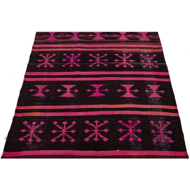 Pink Vintage Flatweave Kilim Wool Rug Geometric in Pink and Brown Color For Sale - Image 8 of 11