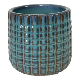 Vintage Tiffany Blue & Brown Ceramic Planter With Raised Gridded Design. For Sale