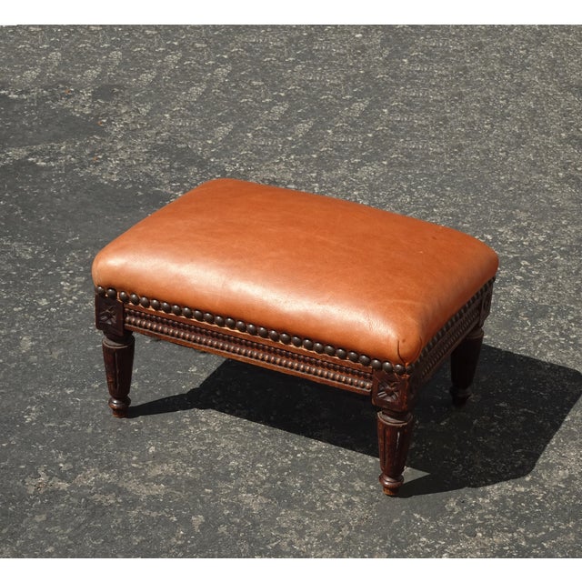 French Provincial Vintage French Provincial Burnt Orange Leather Footstool For Sale - Image 3 of 12