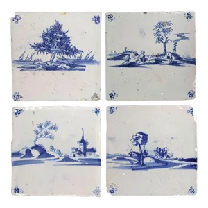 Set of Four 19th Century Dutch Delft Blue and White Pottery Square Landscape Tiles