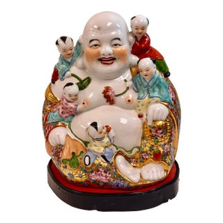 Vintage Large Hand Painted Ceramic Chinese Famille Rose Laughing Buddha on Laquered Base For Sale