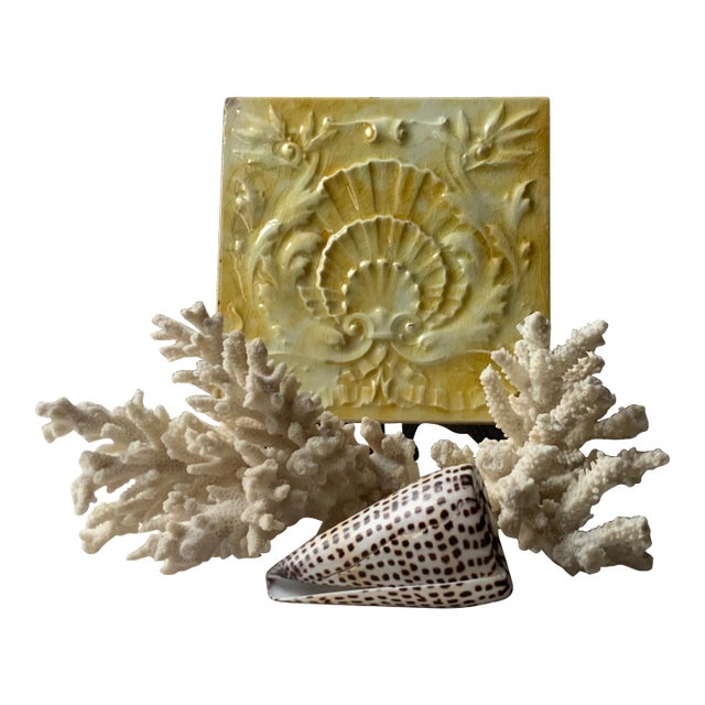 Rare Cambridge Tile Works Victorian Seashell Tile in Luminous Yellow Glaze, C. 1850 For Sale