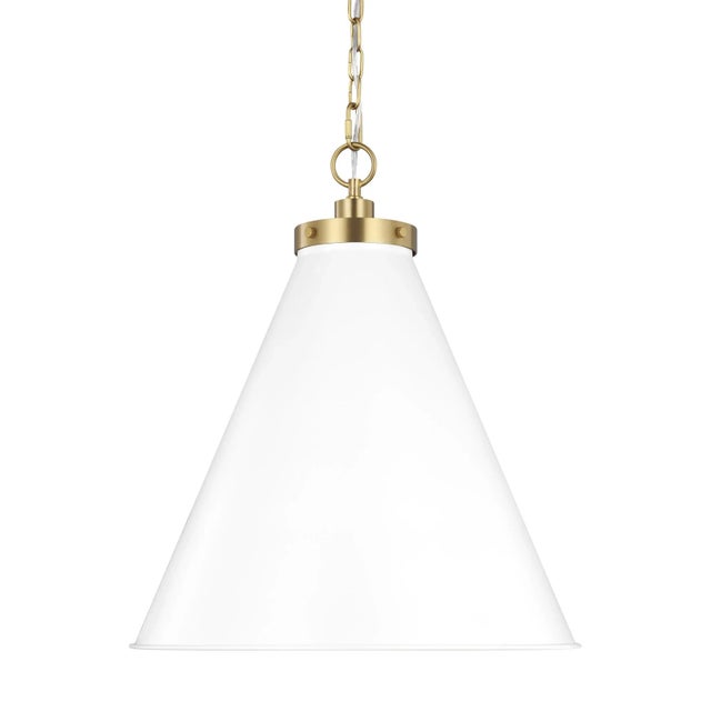 Traditional Chapman & Myers by Visual Comfort Studio Wellfleet Large Cone Pendant, Matte White & Burnished Brass For Sale - Image 3 of 5