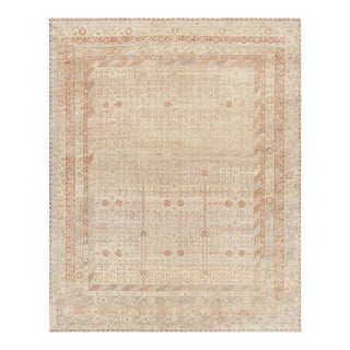 Rug & Kilim’s Modern Block Print Rug in Beige with Geometric-Floral Patterns - 9x12 For Sale