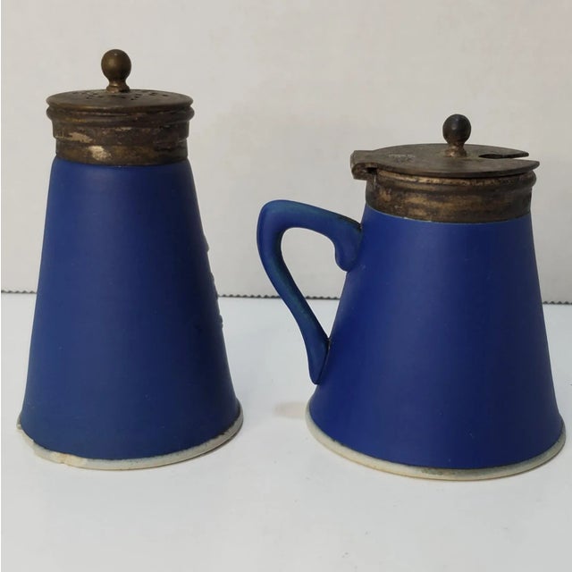 English 19th Century W. Adams & Sons Colbalt Blue Jasperware 2pc Condiment Set For Sale - Image 3 of 10