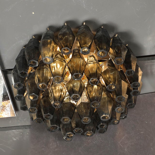 Modernist Handblown Murano Smoked Glass Polyhedral Flush Mount W/ Brass Fittings For Sale - Image 13 of 16