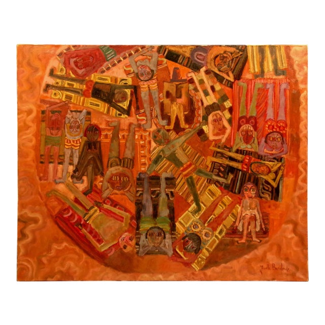 1970s "Les Grande Vacances" French Folk Art Oil Painting by Josette Bardoux For Sale