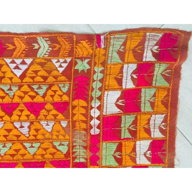 Antique Phulkari Wedding Shawl, Orange Silk Embroidery on Cotton For Sale - Image 4 of 13