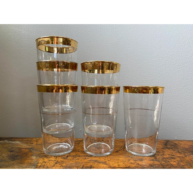Glass Vintage Mid 20th Century Glass Tumblers With Gold Rim - Set of 6 For Sale - Image 7 of 9