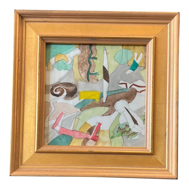 1950’s Abstract Expressionist Watercolor Painting Gold Wood Frame For Sale
