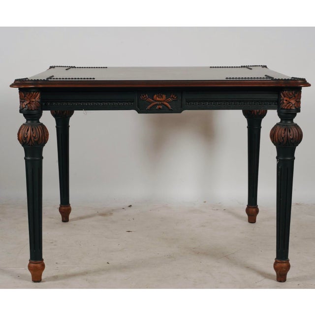 Late 20th Century Hooker Furniture Ebonized Leather Games Table & Four Cowhide Armchairs For Sale - Image 9 of 17