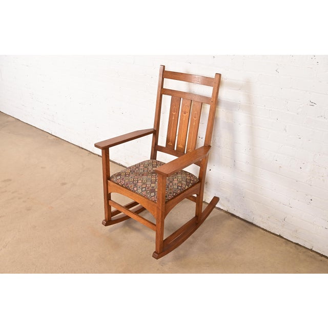 L. & J.G. Stickley, Inc. Stickley Harvey Ellis Collection Mission Arts & Crafts Inlaid Oak Rocking Chair For Sale - Image 4 of 13