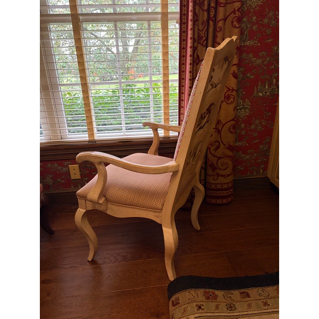 Traditional Century Furniture Ladderback Arm Accent Chair in Distressed Ivory Finish, With Custom Upholstered Contrast Fabric and Decorative Welt Details. For Sale - Image 3 of 9