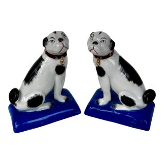 Pair of Porcelain Pug Dog Figurines on Cobalt Blue Bases, Late 19th Century For Sale