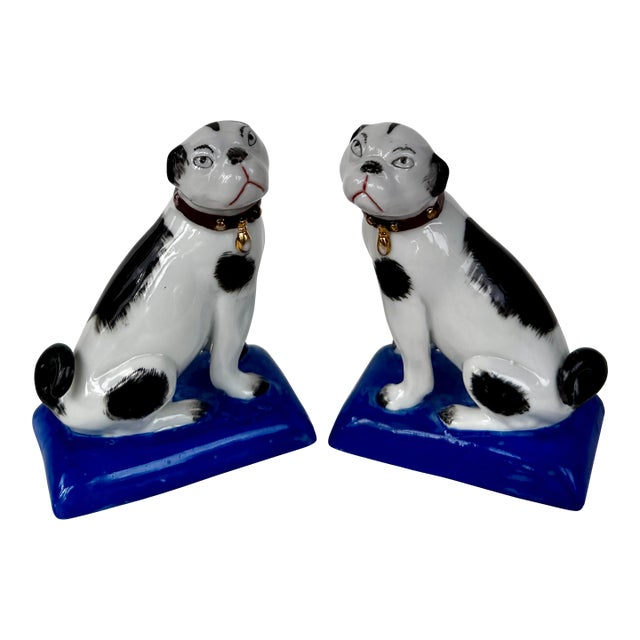 Pair of Porcelain Pug Dog Figurines on Cobalt Blue Bases, Late 19th Century For Sale