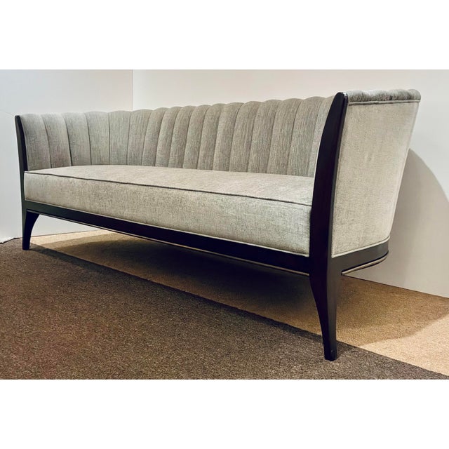 Original retail $7587, stylish Global Views Modern Gray Chanel Back Sofa, dark wood frame, brass accent, showroom floor...