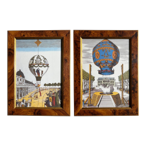 Pair of 18th-Century Hot Air Balloon Engravings in Burlwood Frames