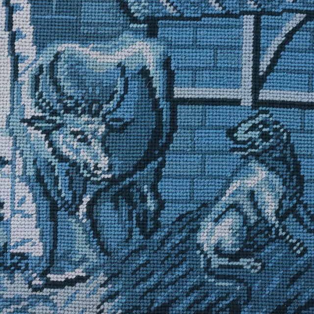 Vintage Hand Stitched Blue and White Needlework Pastoral Farm Scene With Cow and Dog Textile Wall Art For Sale In New York - Image 6 of 8