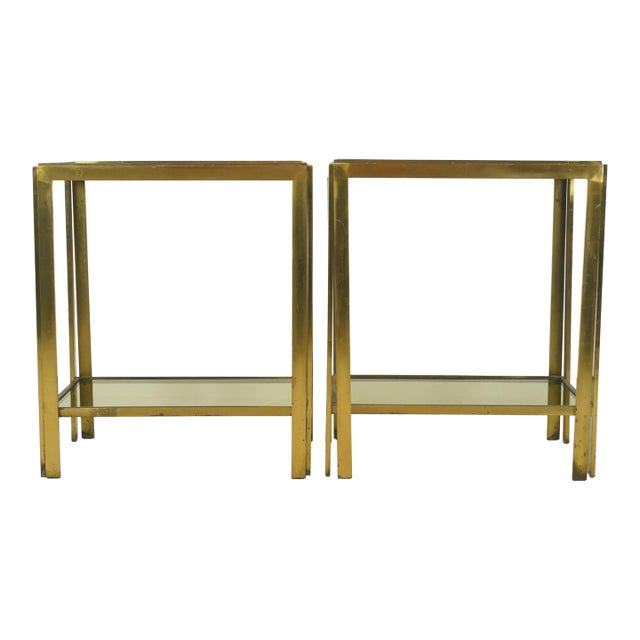 Pair of Vintage Mid Century Italian Brass Smoked Glass Side Tables For Sale