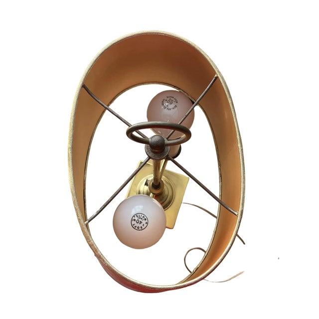 Mid 20th Century Vintage Brass French Bouillotte Table Desk Lamp With Old Country Theme Lamp Shade For Sale - Image 4 of 7