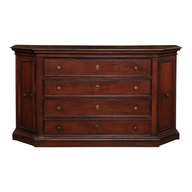 Italian 17th Century Walnut Dresser with Four Drawers and Canted Side Doors For Sale