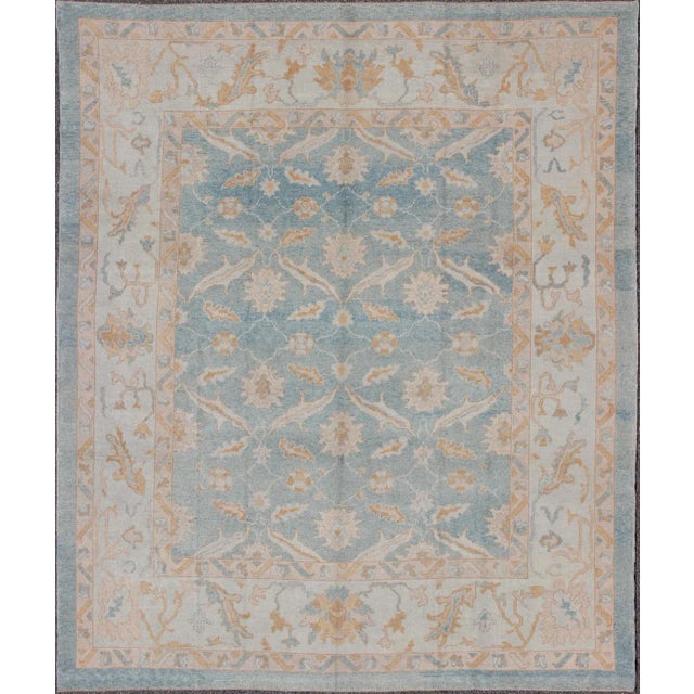 Square Turkish Oushak Rug in Light Blue, Light Brown, Salmon, Silver & Tan For Sale - Image 12 of 12