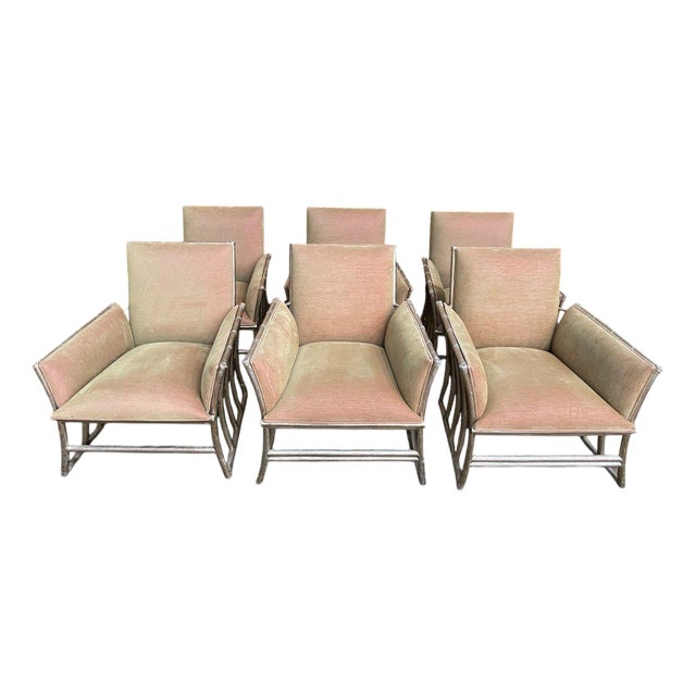 Bergere Armchairs in Silver Bamboo and Velvet, Set of 6 For Sale