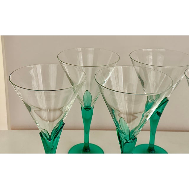 Art Deco Bormioli - Italian Green Stemmed Petals Glasses - Set of 6 For Sale - Image 3 of 5