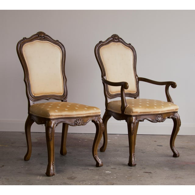 French Set of 12 Karges Louis XV Carved Dining Chairs in Napoleonic Bee Silk, 1960's For Sale - Image 3 of 14