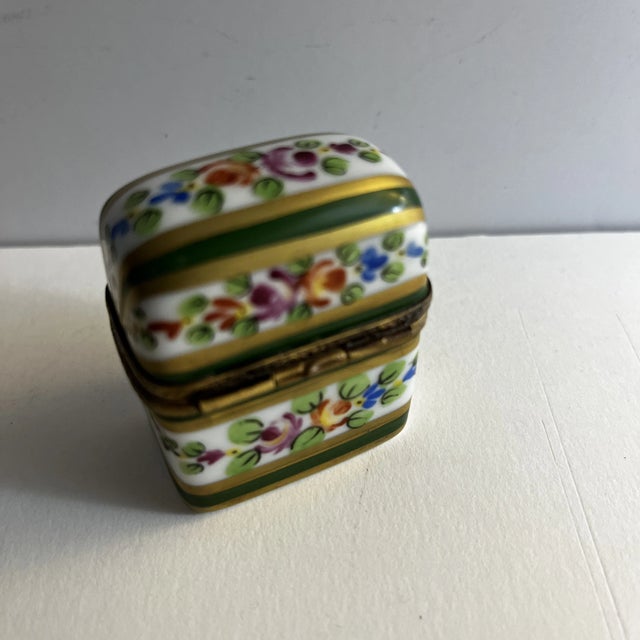 Vintage Limoges floral green and pink Stripe and Roses hinged box. Scarce design. Charming addition to your collection....