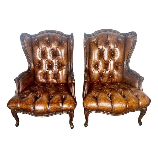 Pair of French Leather Tufted Wingback Chairs C. 1930 For Sale