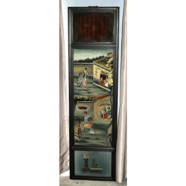 Antique Wall Plaque Chinese Reverse Painted Glass 3 Section Panel Black Frame For Sale - Image 9 of 10