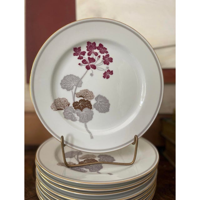 Early 20th Century Vintage Noritake Geranium Burgundy and Gray 10” Dinner Plates - Set of Nine (9) For Sale - Image 5 of 9
