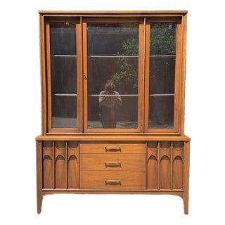 Mid 20th Century Walnut Hutch China Cabinet With Rosewood Pulls in Style of Kent Coffey Perspecta For Sale