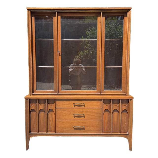 Mid 20th Century Walnut Hutch China Cabinet With Rosewood Pulls in Style of Kent Coffey Perspecta For Sale