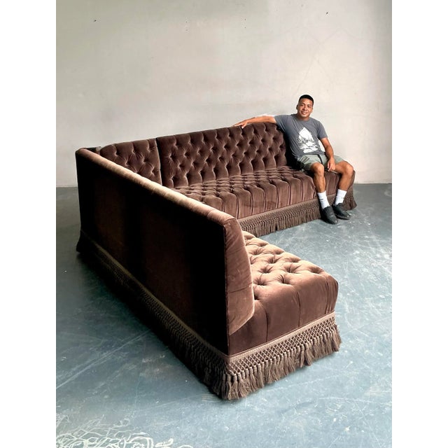 Mid-Century Modern Vintage Boho Custom Schumacher Velvet Tufted Sectional For Sale - Image 3 of 13
