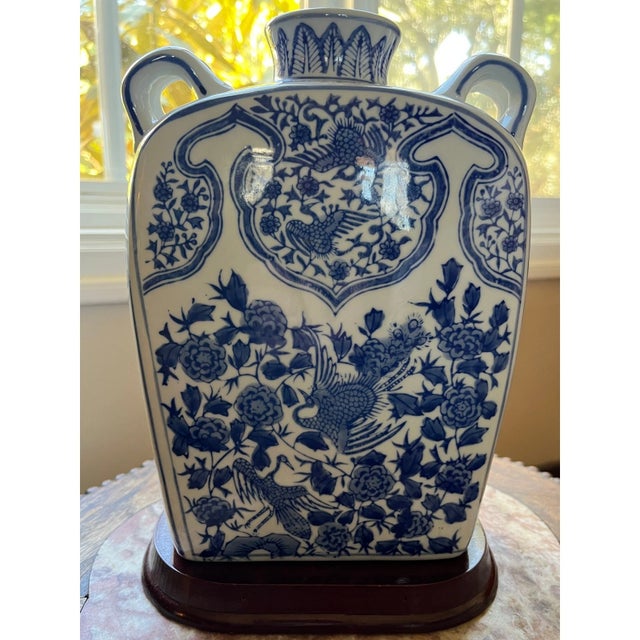 Mid 20th Century Mid 20th Century Large 10.5" Chinese Blue & White Moon Flask Vase & Stand - Phoenix & Peony Decor For Sale - Image 5 of 11
