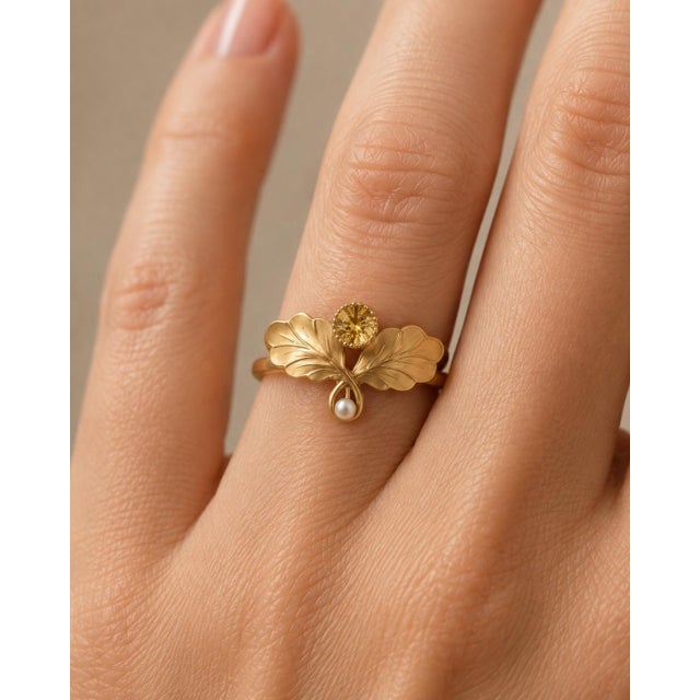 Metal Art Nouveau–Inspired Citrine and Pearl Botanical Ring in 14k Gold, Size 7.5 For Sale - Image 7 of 7