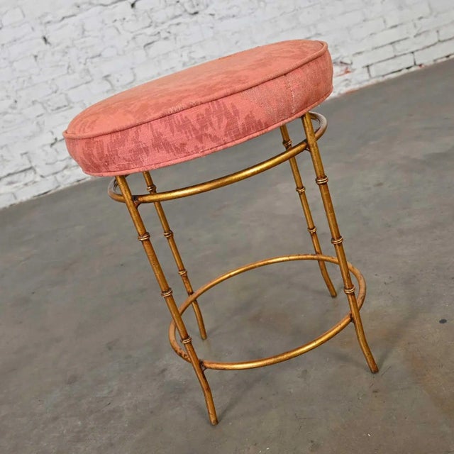 Mid-20th Century Italian Style Round Stool With Rose Damask Seat & Gilt Metal Faux Bamboo Legs For Sale - Image 9 of 13
