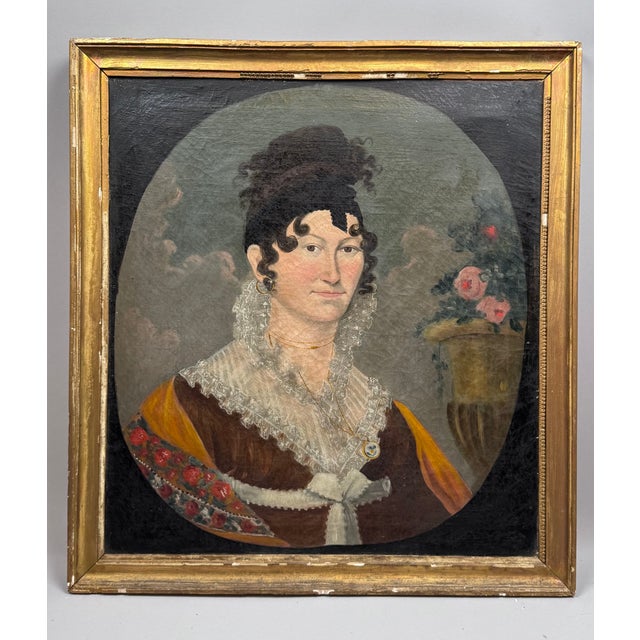 Pair of early 19th-century portraits in the Shabby Chic style. On the left, a man is depicted in a three-quarter bust...