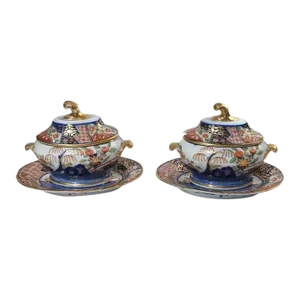 Antique Early 19th Century English Coalport Imari Porcelain Sauce Tureens with Covers - A Pair